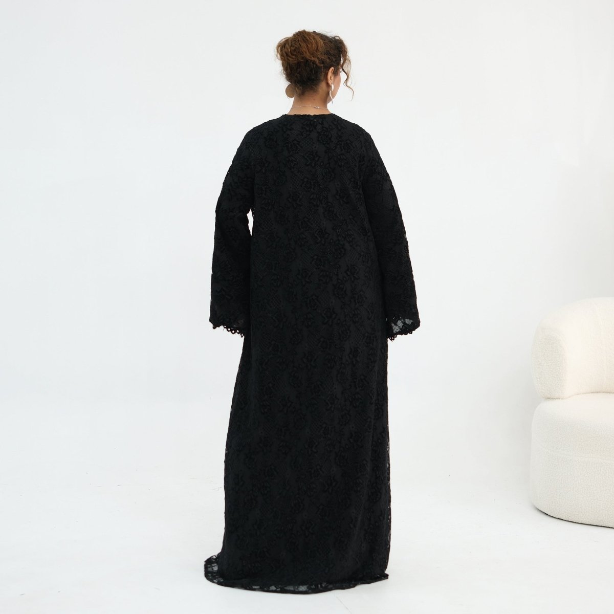 Black Floral Lace Open Abaya with Lining – view 18