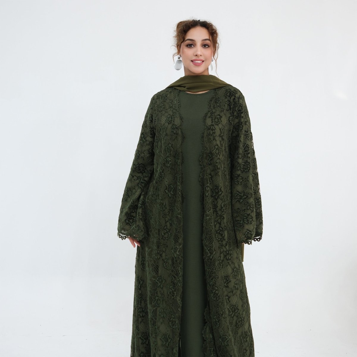 Black Floral Lace Open Abaya with Lining – view 5