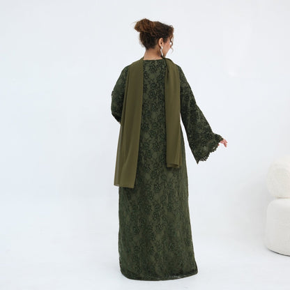 Black Floral Lace Open Abaya with Lining – view 9