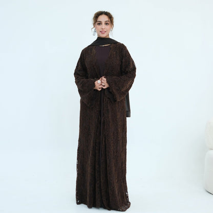 Black Floral Lace Open Abaya with Lining – view 12