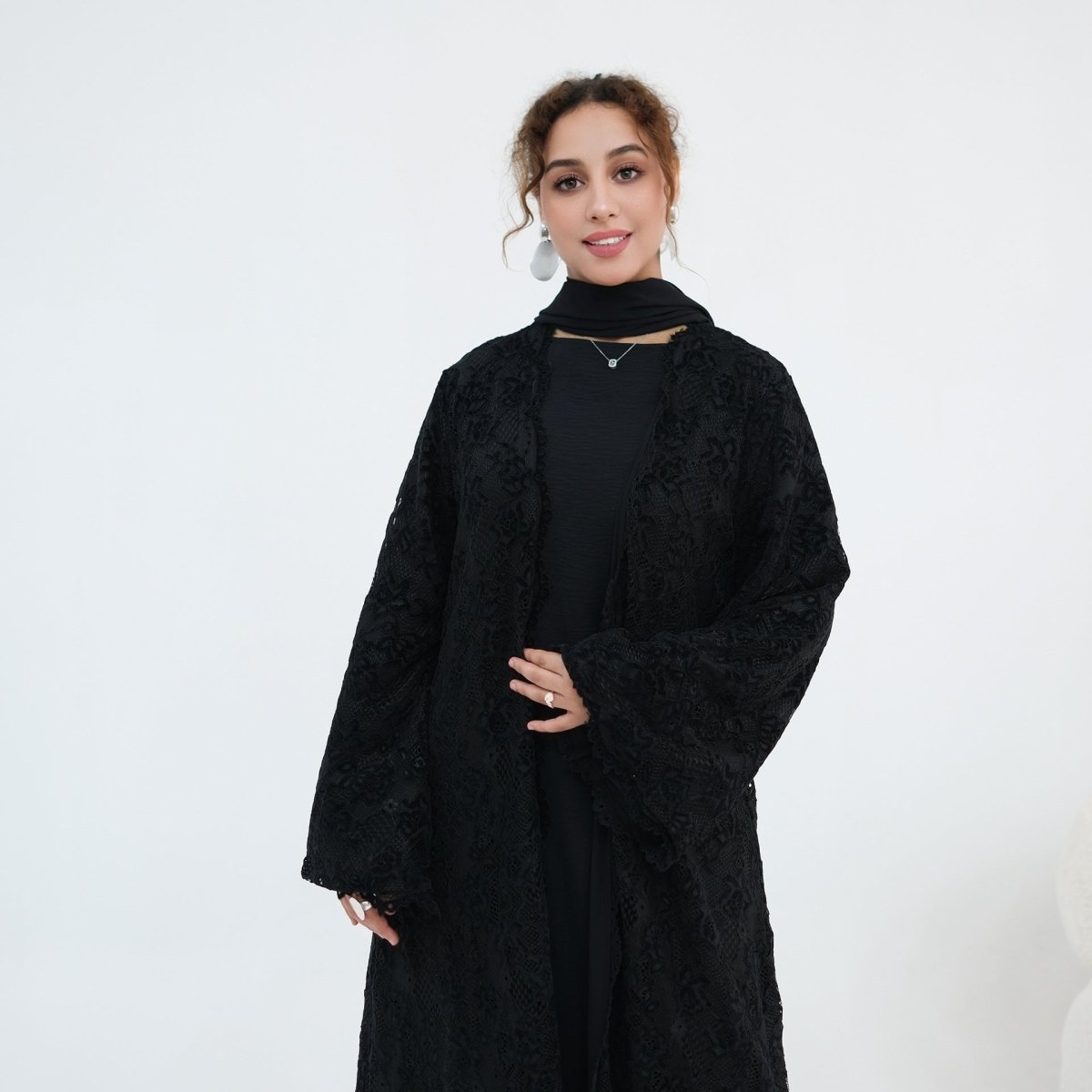 Black Floral Lace Open Abaya with Lining – view 3