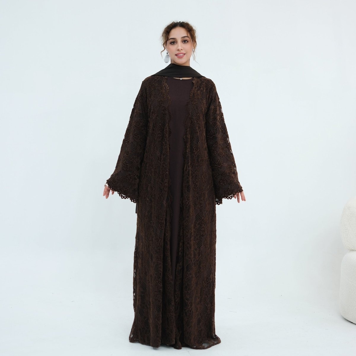 Black Floral Lace Open Abaya with Lining – view 10