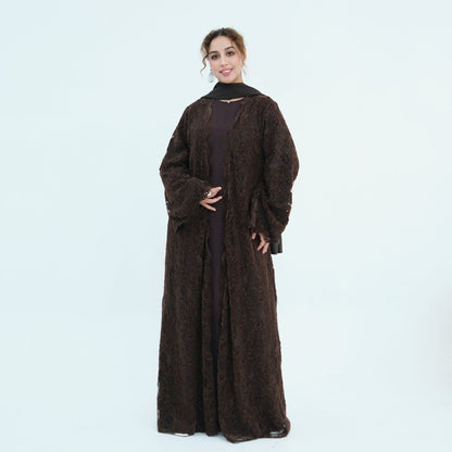 Black Floral Lace Open Abaya with Lining – view 11