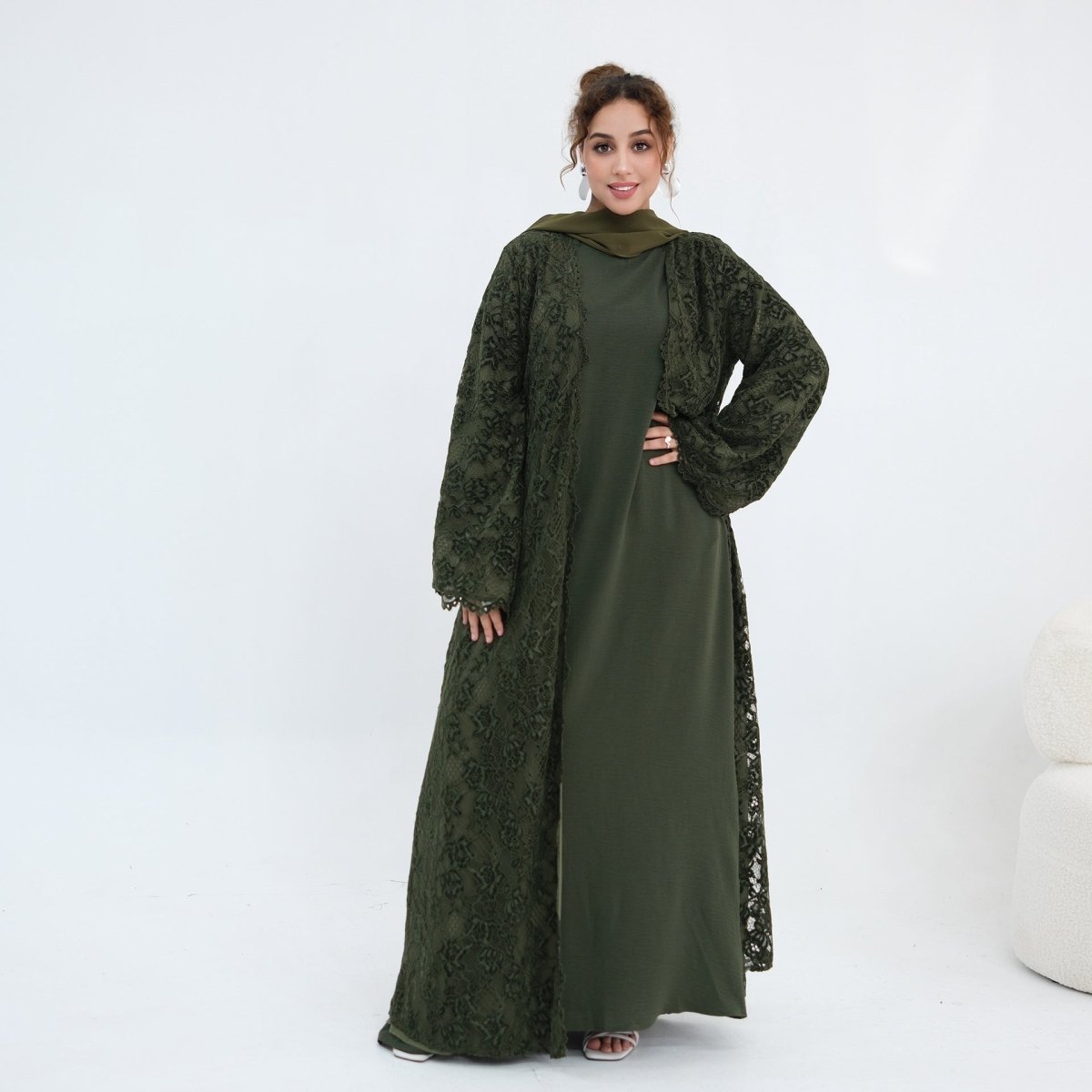 Black Floral Lace Open Abaya with Lining – view 8