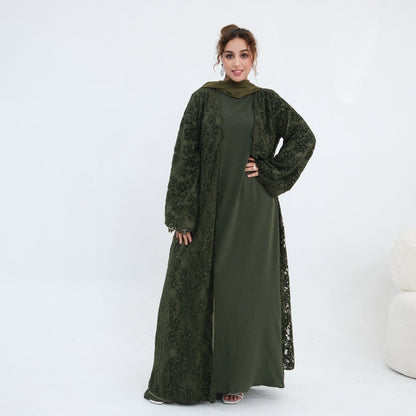 Black Floral Lace Open Abaya with Lining – view 8