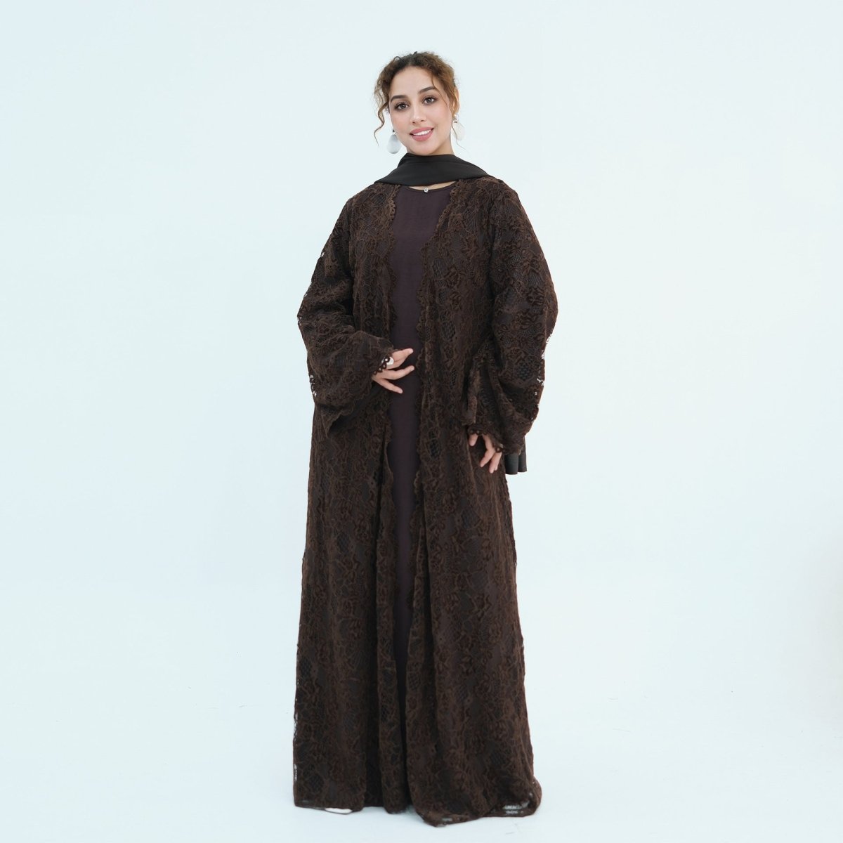 Black Floral Lace Open Abaya with Lining – view 2
