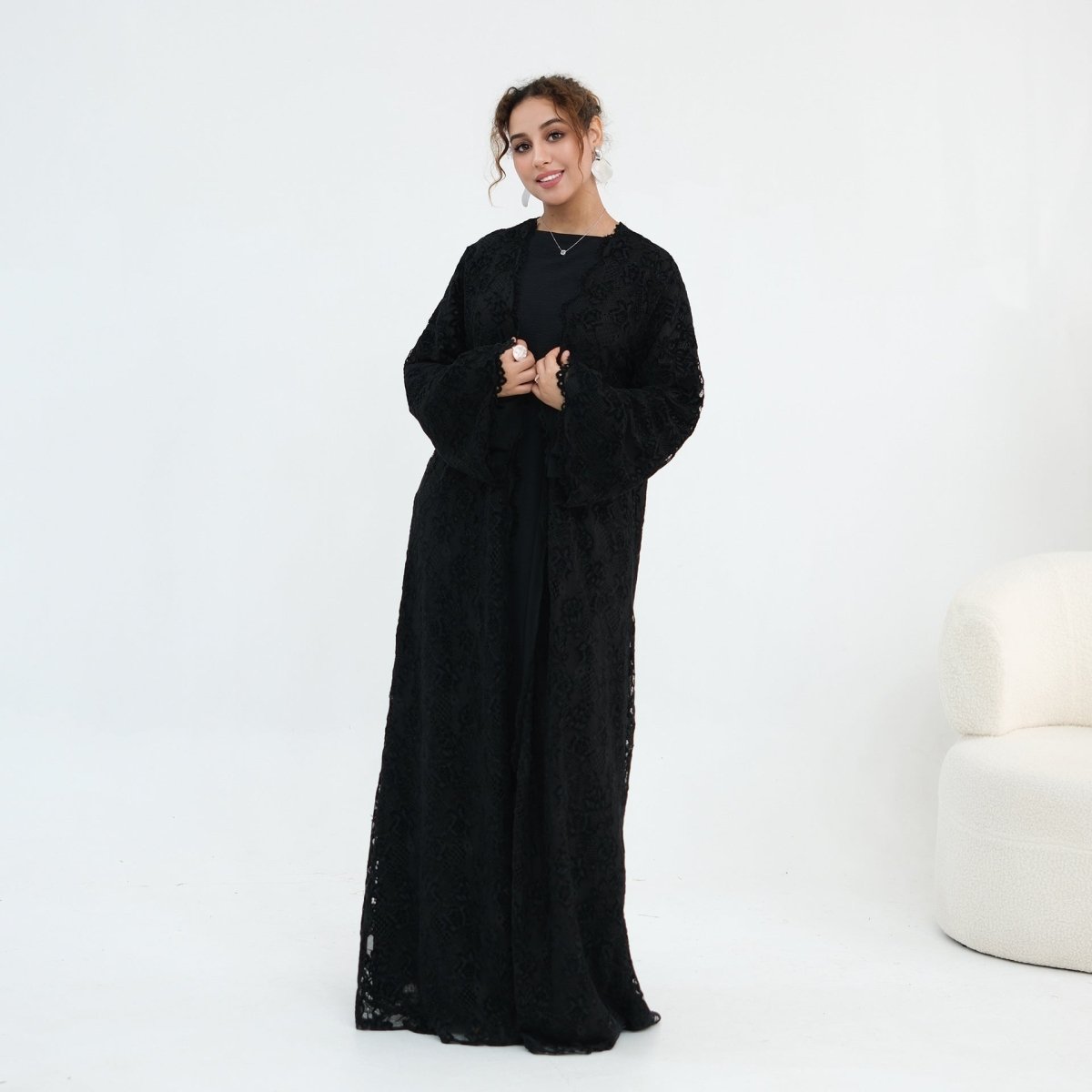Black Floral Lace Open Abaya with Lining – view 16