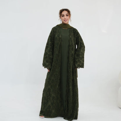 Black Floral Lace Open Abaya with Lining – view 21