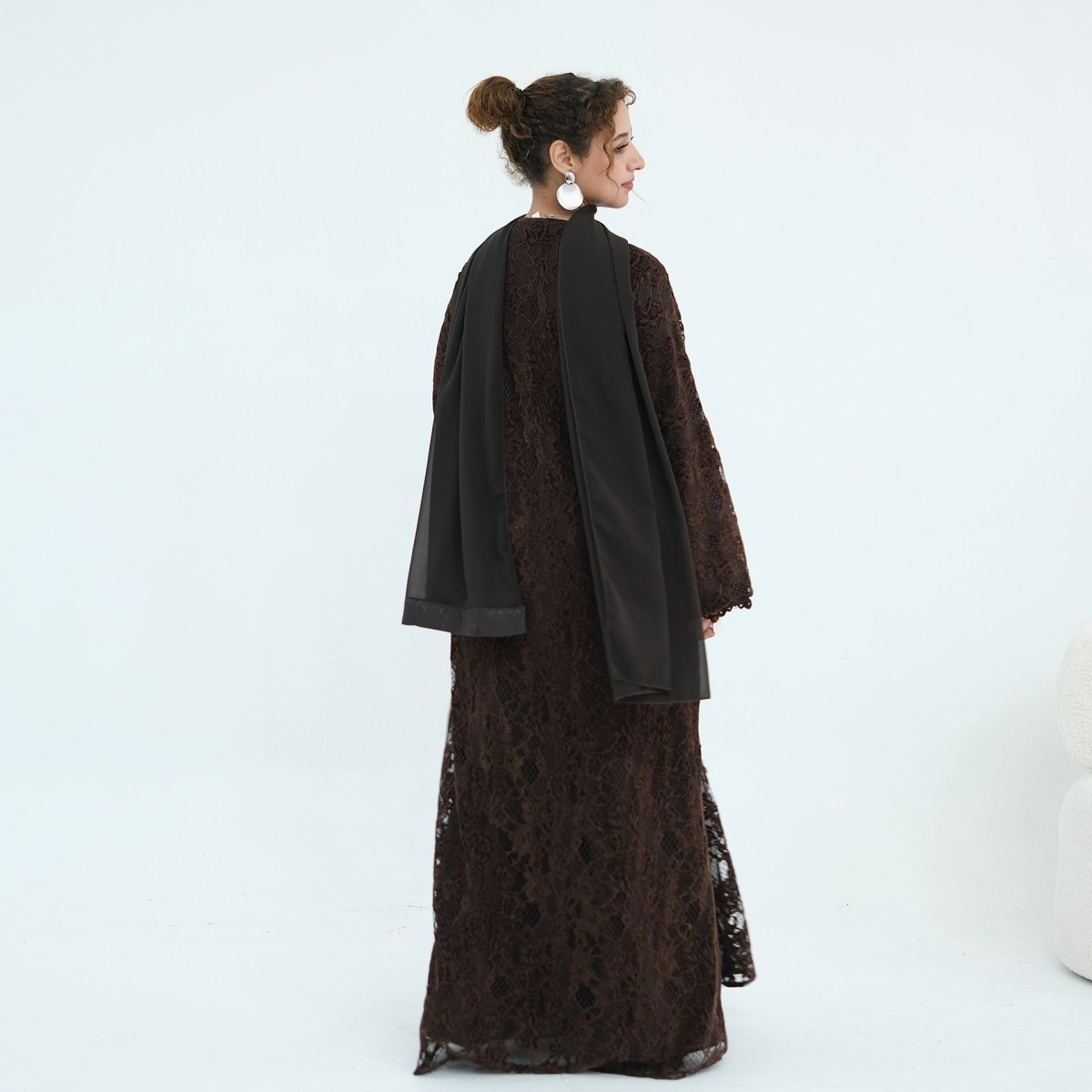 Black Floral Lace Open Abaya with Lining – view 13