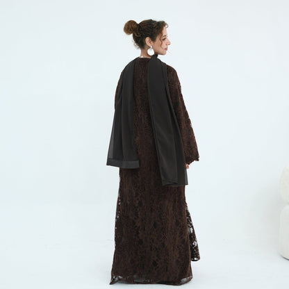 Black Floral Lace Open Abaya with Lining – view 13