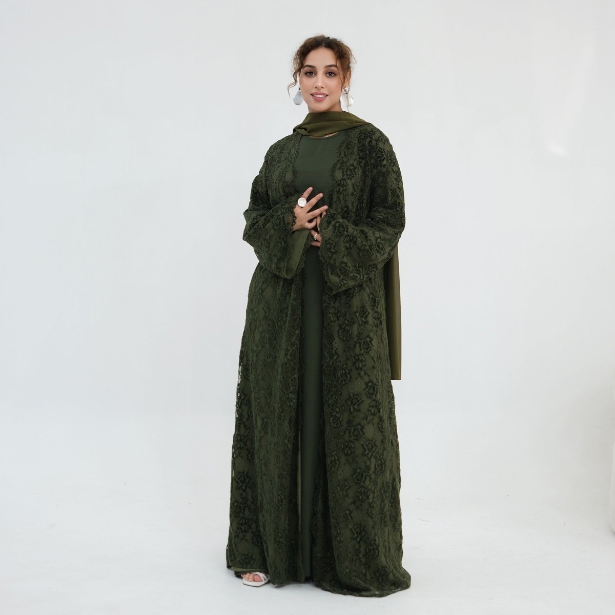 Black Floral Lace Open Abaya with Lining – view 6