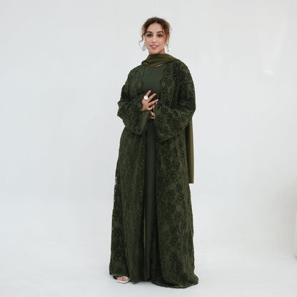 Black Floral Lace Open Abaya with Lining – view 6