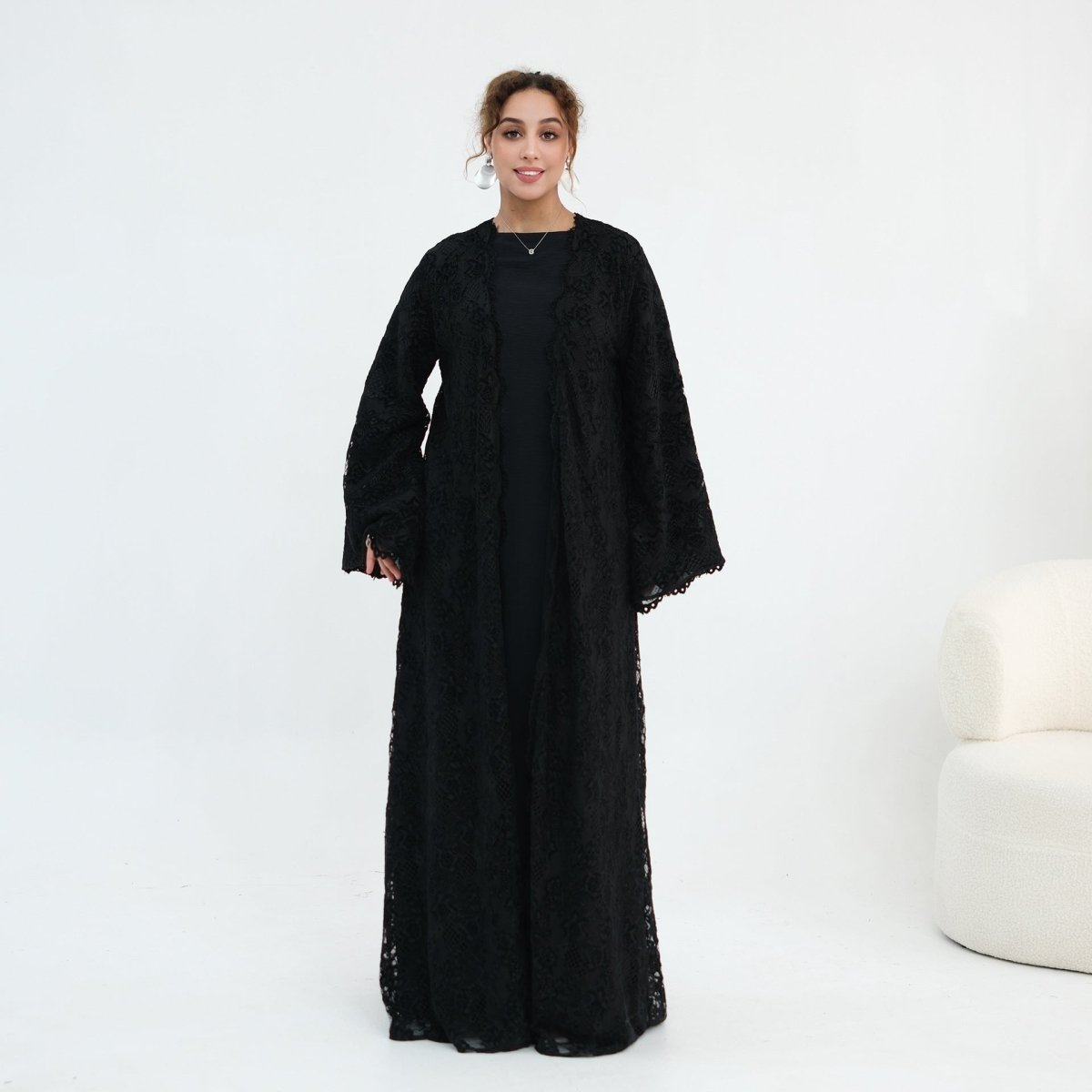 Black Floral Lace Open Abaya with Lining – view 15