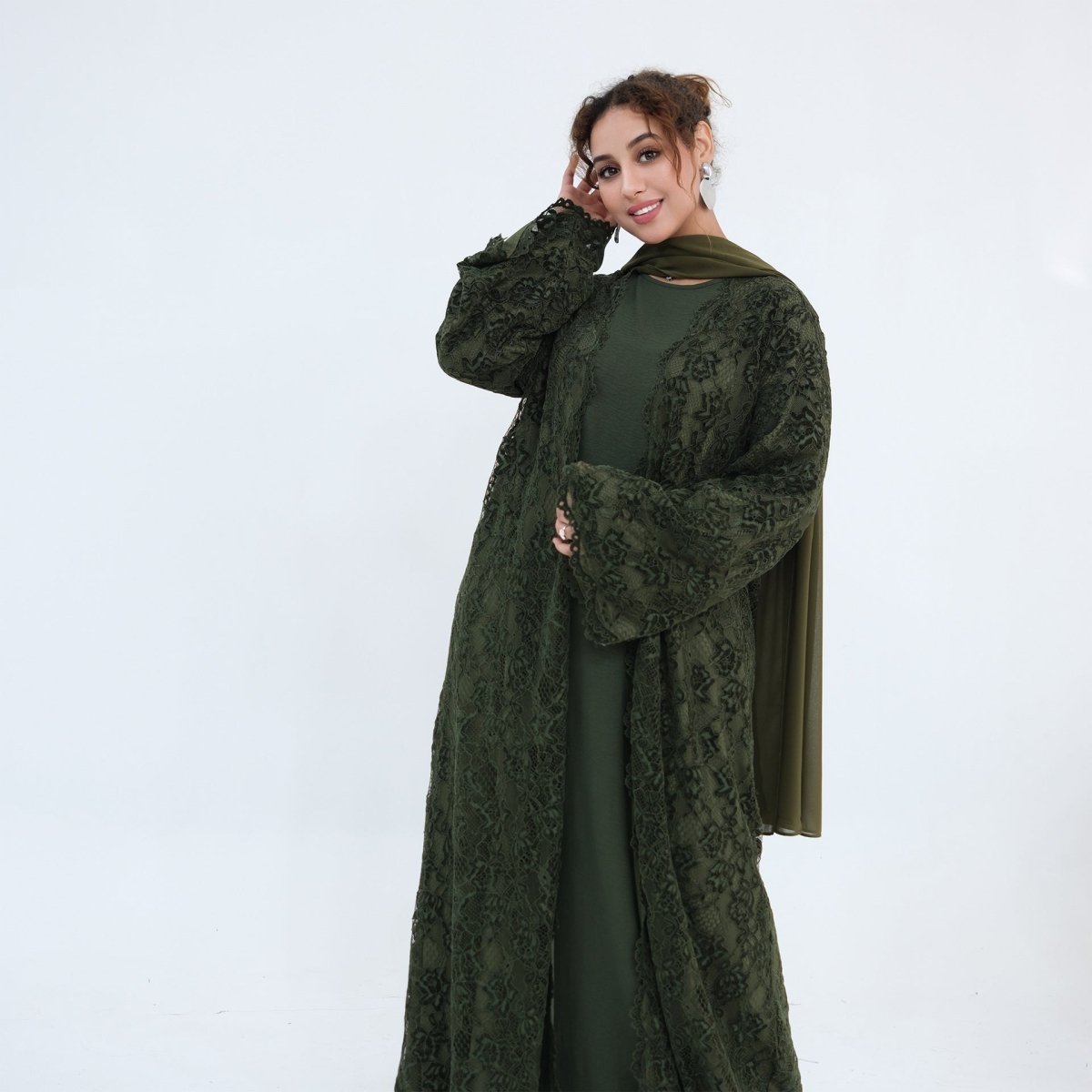 Black Floral Lace Open Abaya with Lining