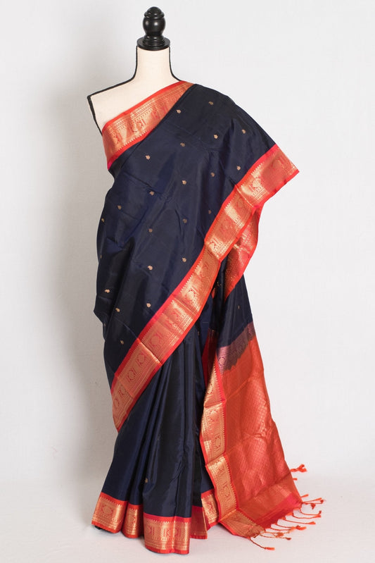 Midnight Blue and Peach Kanjivaram Silk Saree – Kalyani