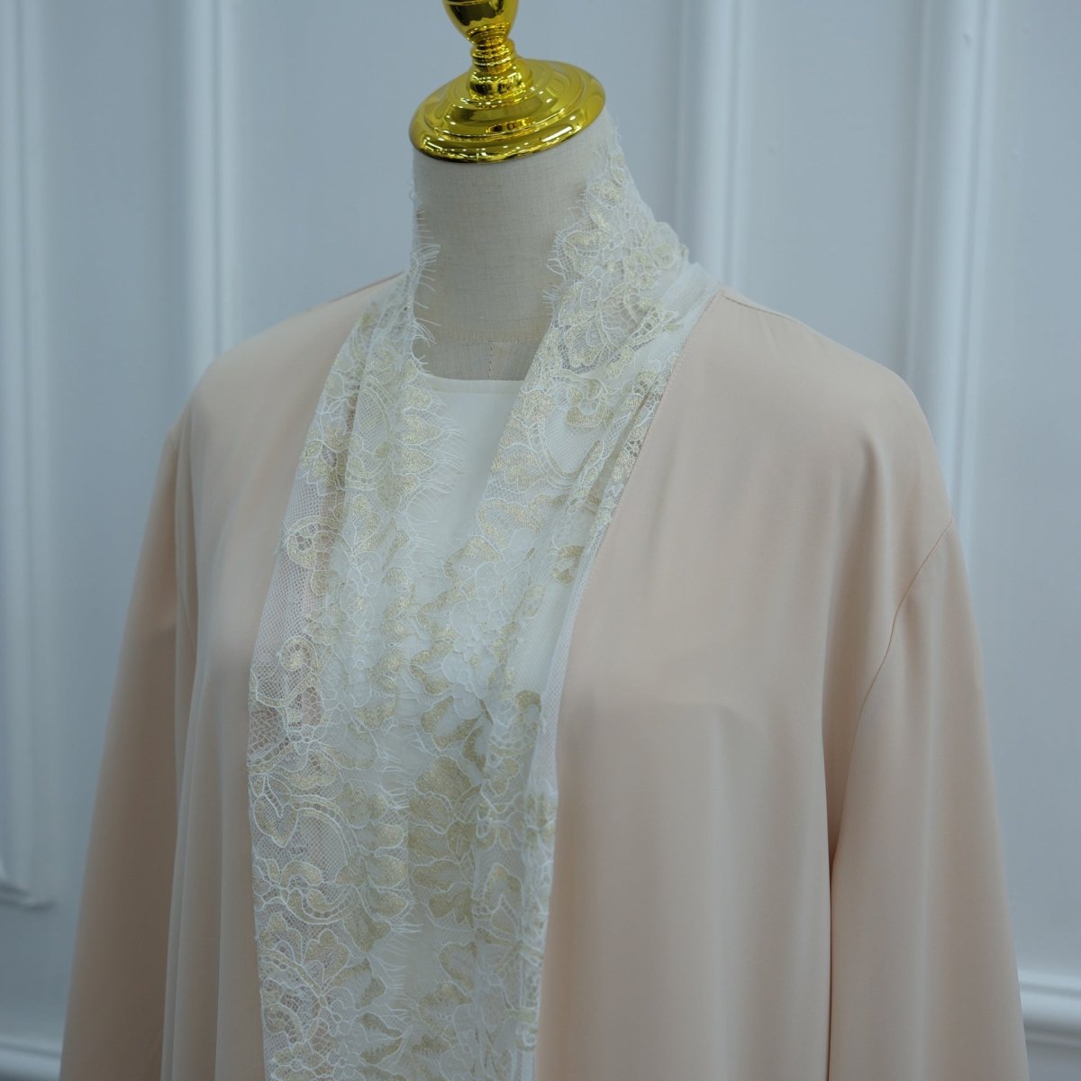 Apricot Lace-Panel Flared-Sleeve Open Abaya with Pockets – view 12
