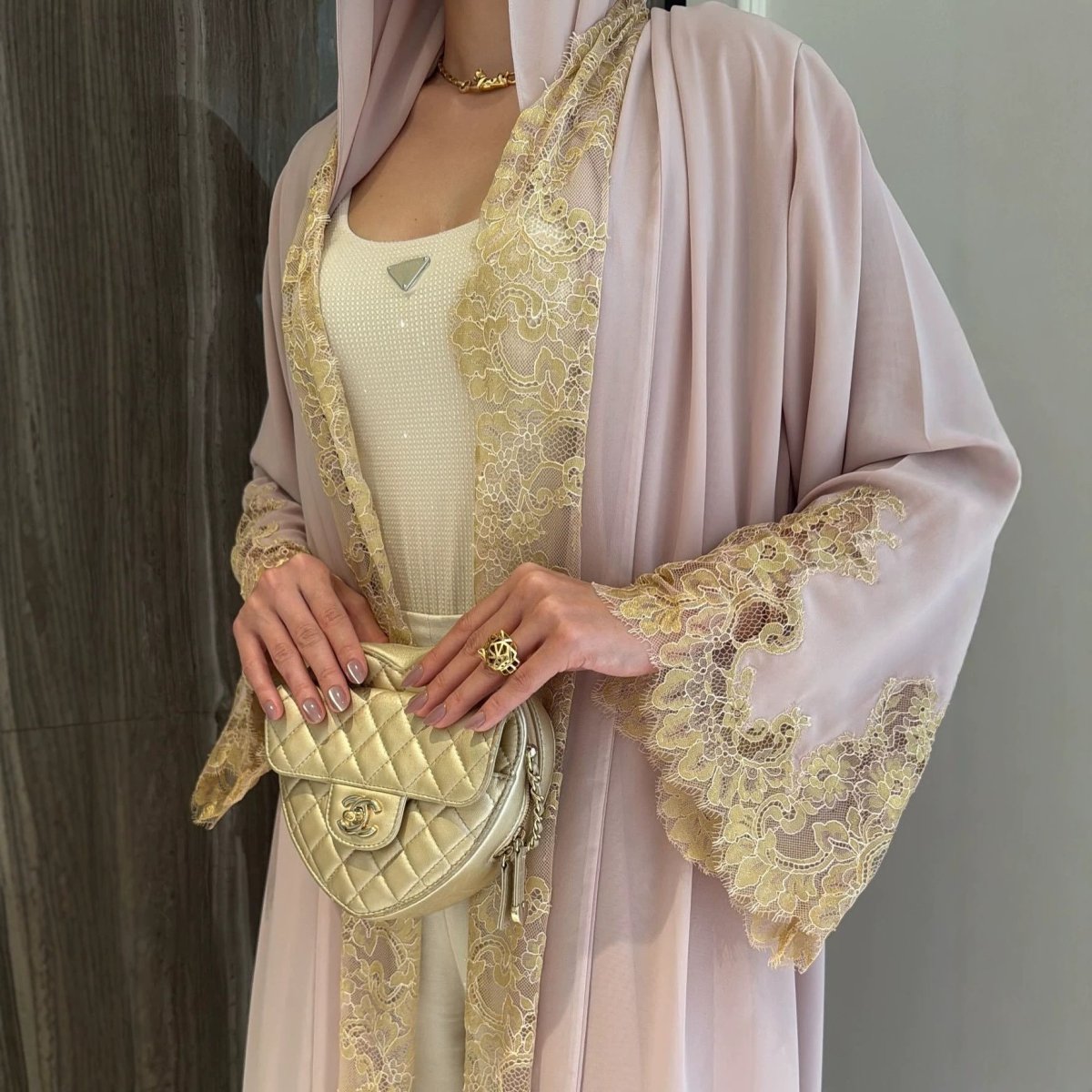 Apricot Lace-Panel Flared-Sleeve Open Abaya with Pockets