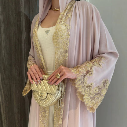 Apricot Lace-Panel Flared-Sleeve Open Abaya with Pockets