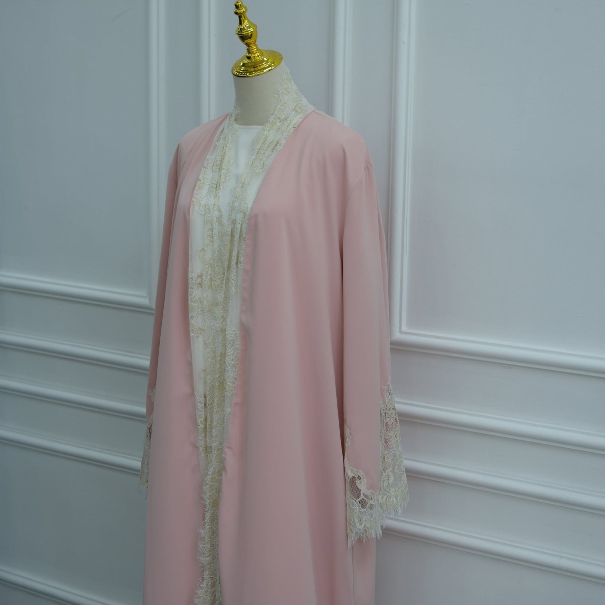 Apricot Lace-Panel Flared-Sleeve Open Abaya with Pockets – view 17