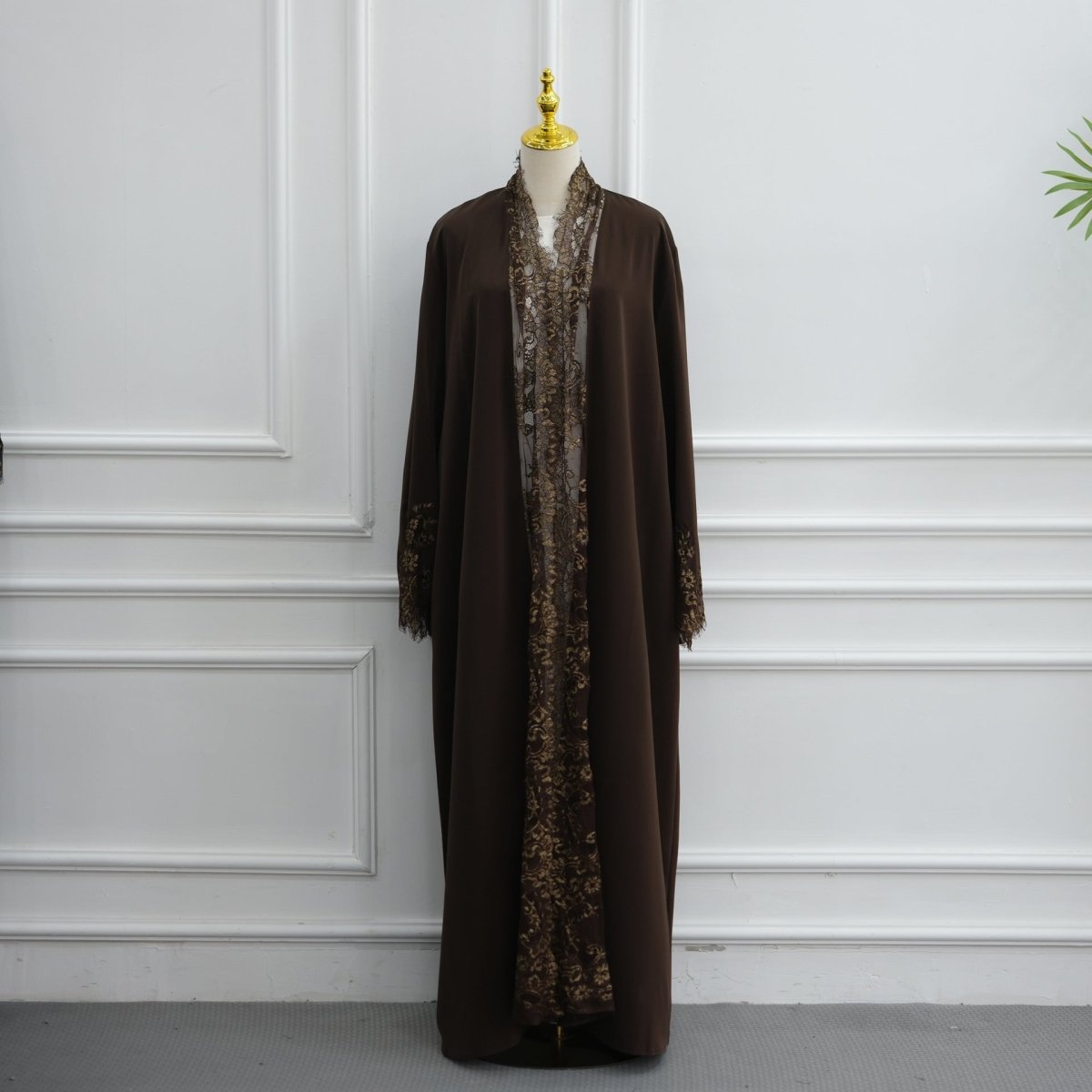 Apricot Lace-Panel Flared-Sleeve Open Abaya with Pockets – view 21