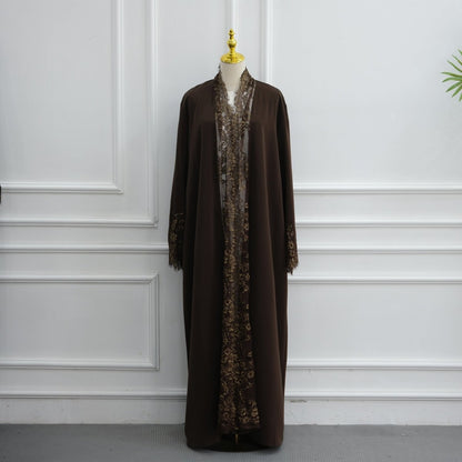 Apricot Lace-Panel Flared-Sleeve Open Abaya with Pockets – view 21