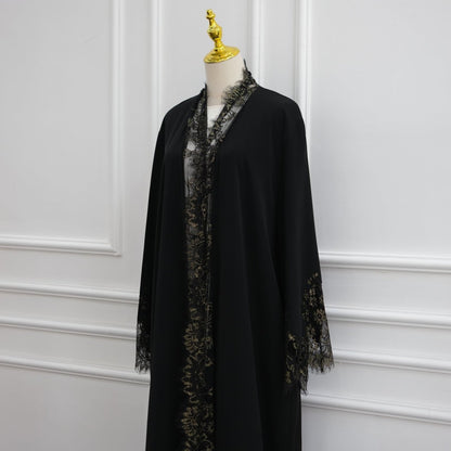 Apricot Lace-Panel Flared-Sleeve Open Abaya with Pockets – view 28