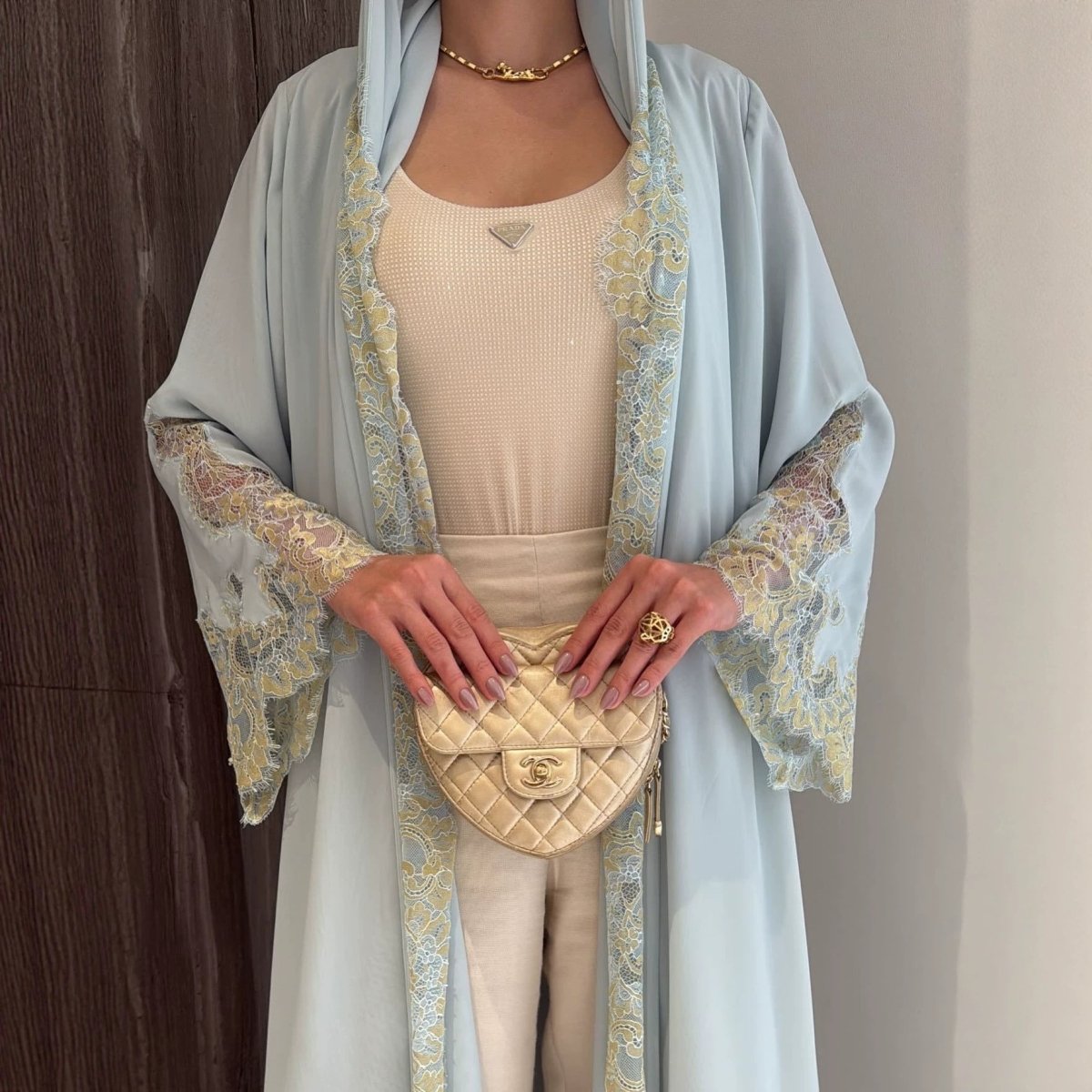 Apricot Lace-Panel Flared-Sleeve Open Abaya with Pockets – view 4