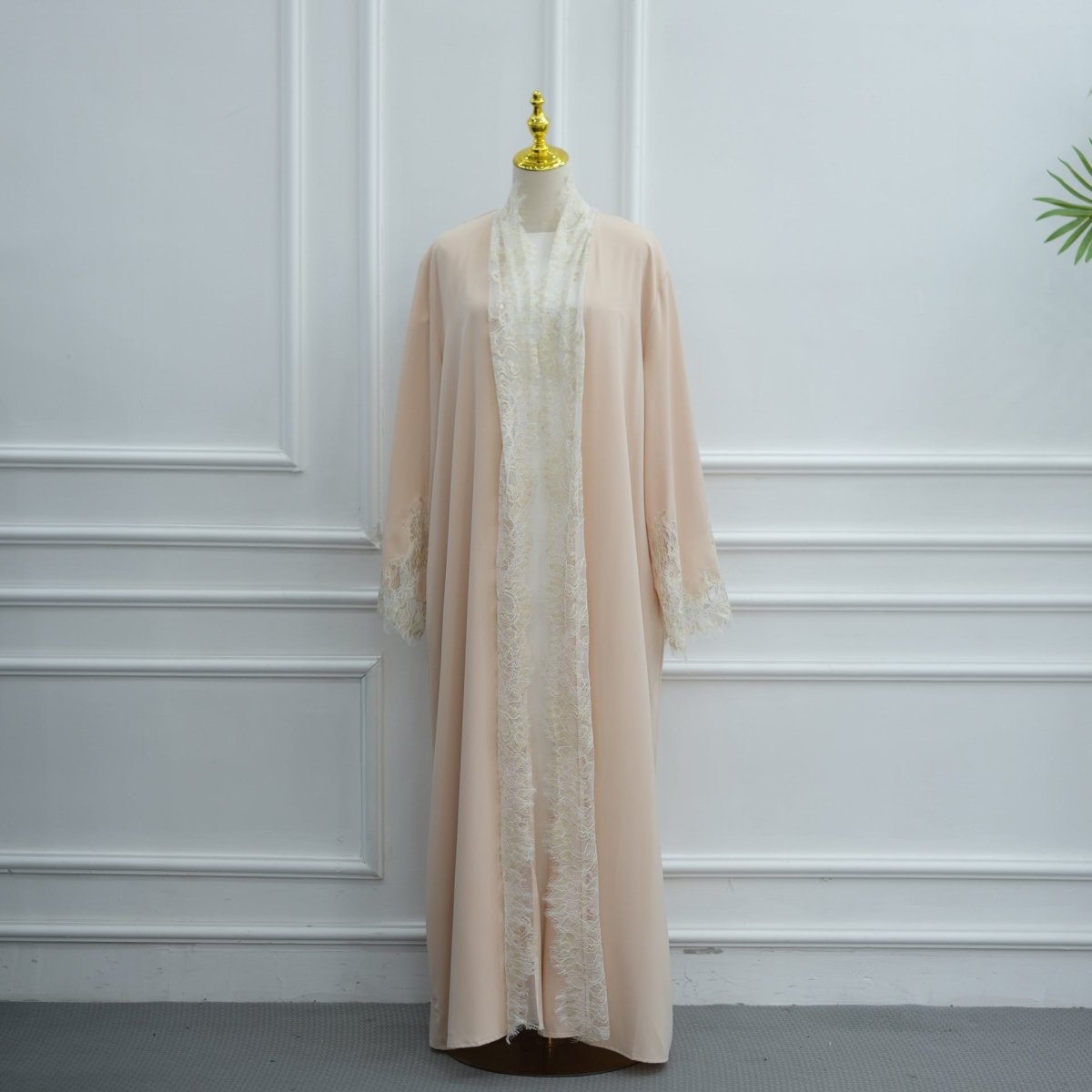 Apricot Lace-Panel Flared-Sleeve Open Abaya with Pockets – view 25