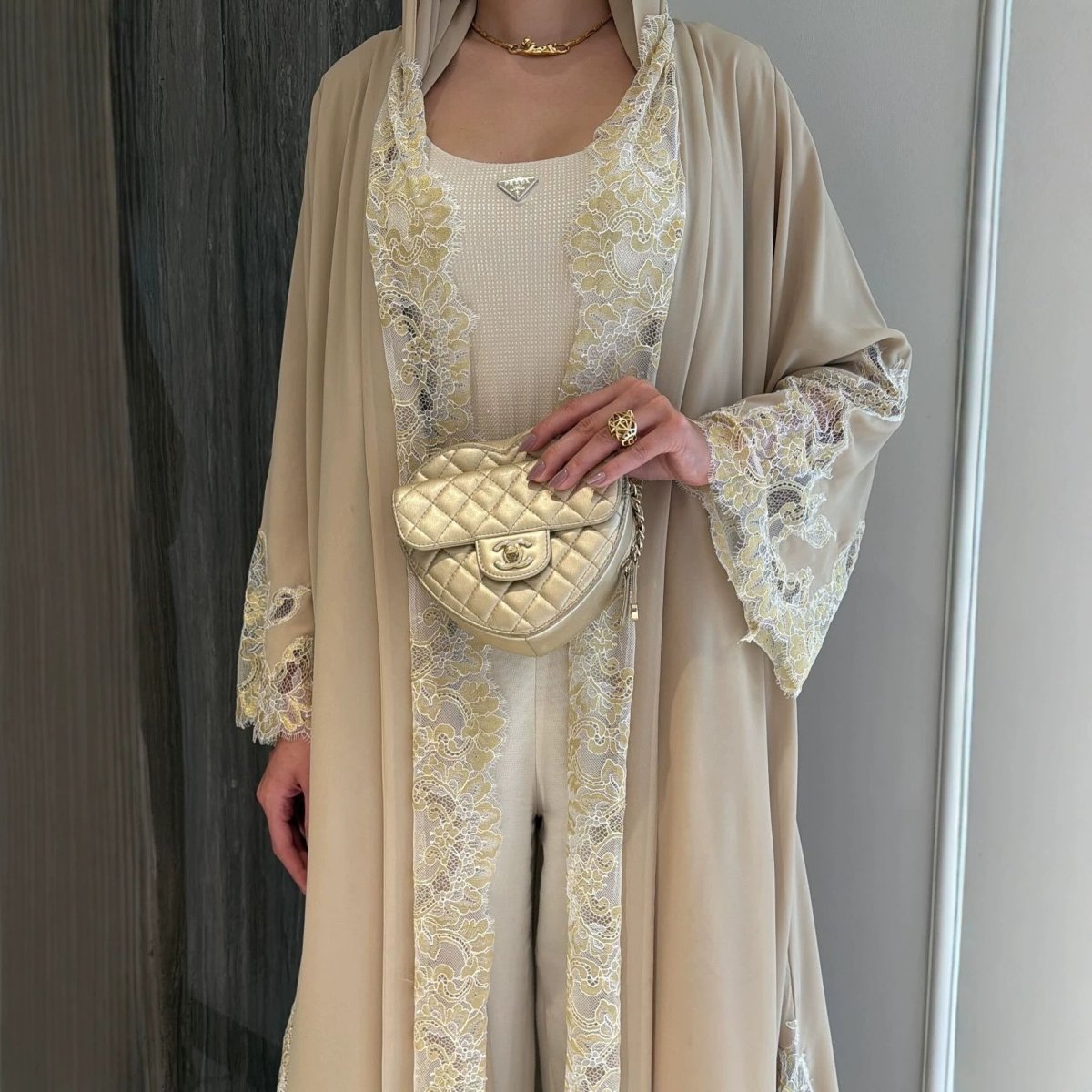 Apricot Lace-Panel Flared-Sleeve Open Abaya with Pockets – view 3