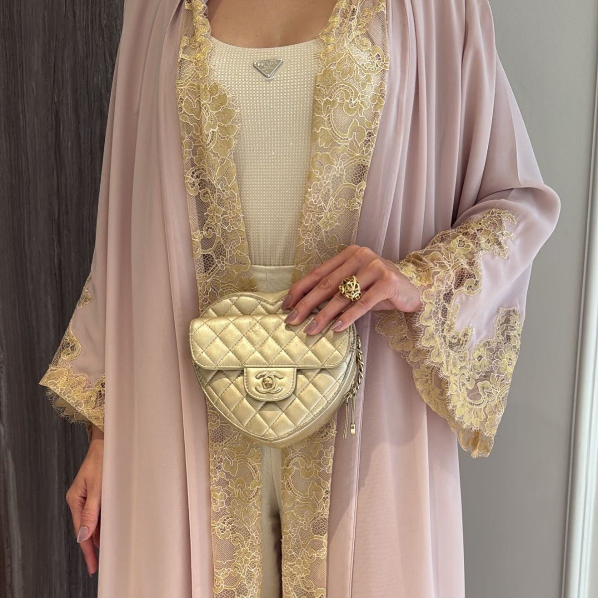 Apricot Lace-Panel Flared-Sleeve Open Abaya with Pockets – view 2