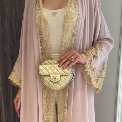 Apricot Lace-Panel Flared-Sleeve Open Abaya with Pockets – view 2