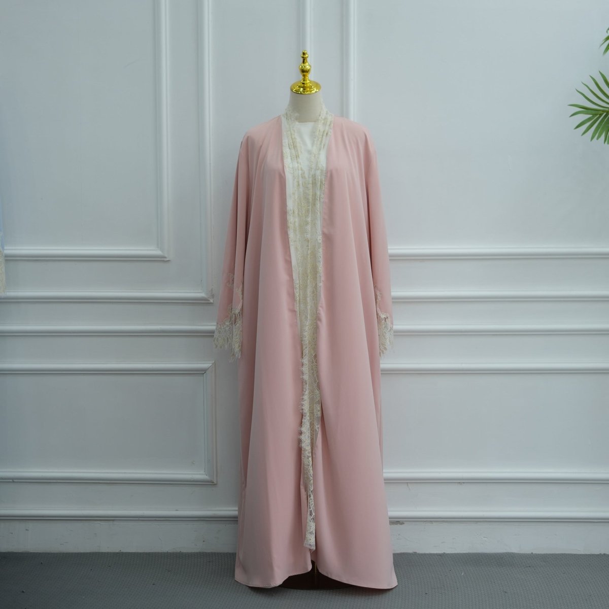 Apricot Lace-Panel Flared-Sleeve Open Abaya with Pockets – view 14