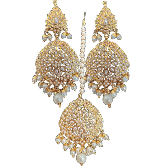 Jadau Earrings and Tika Set in Pearl – Megha