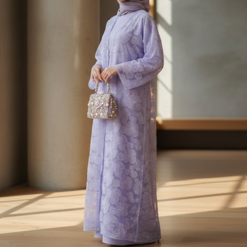 Mesh Flower Bead Open Abaya Dress Set