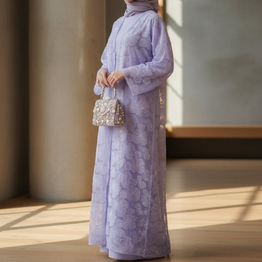 Mesh Flower Bead Open Abaya Dress Set