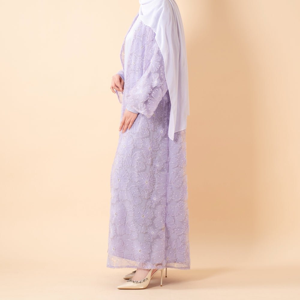 Mesh Flower Bead Open Abaya Dress Set