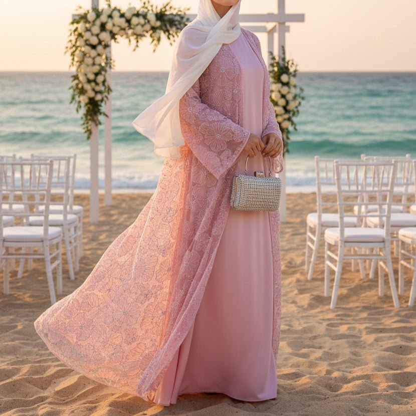 Mesh Flower Bead Open Abaya Dress Set