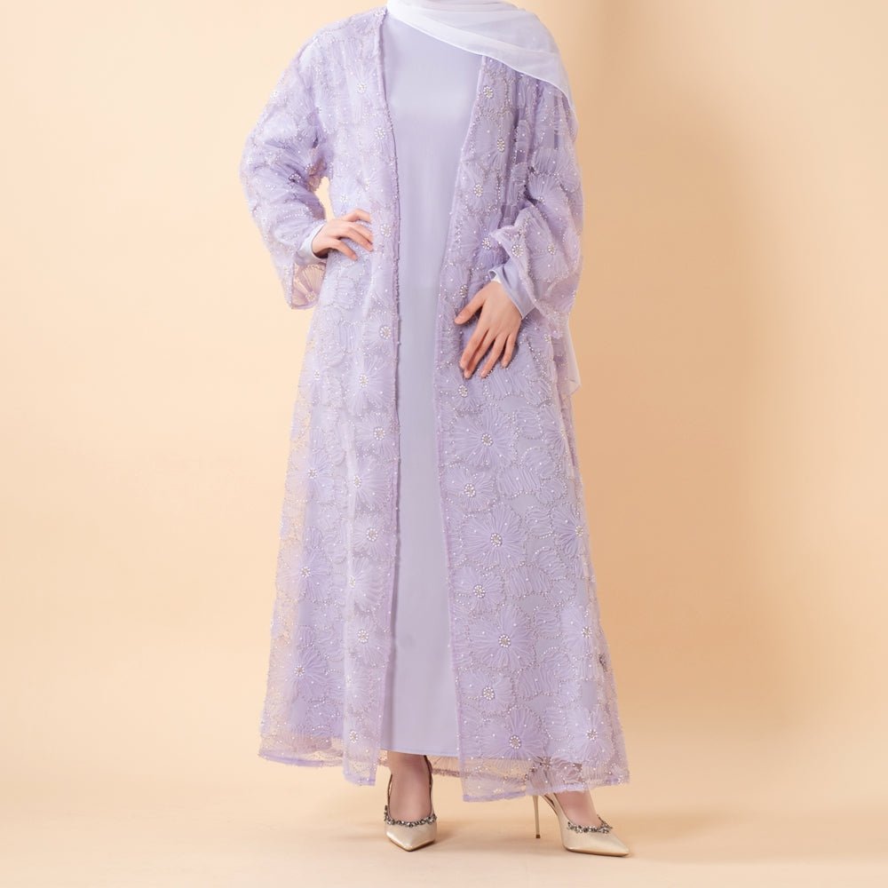 Mesh Flower Bead Open Abaya Dress Set