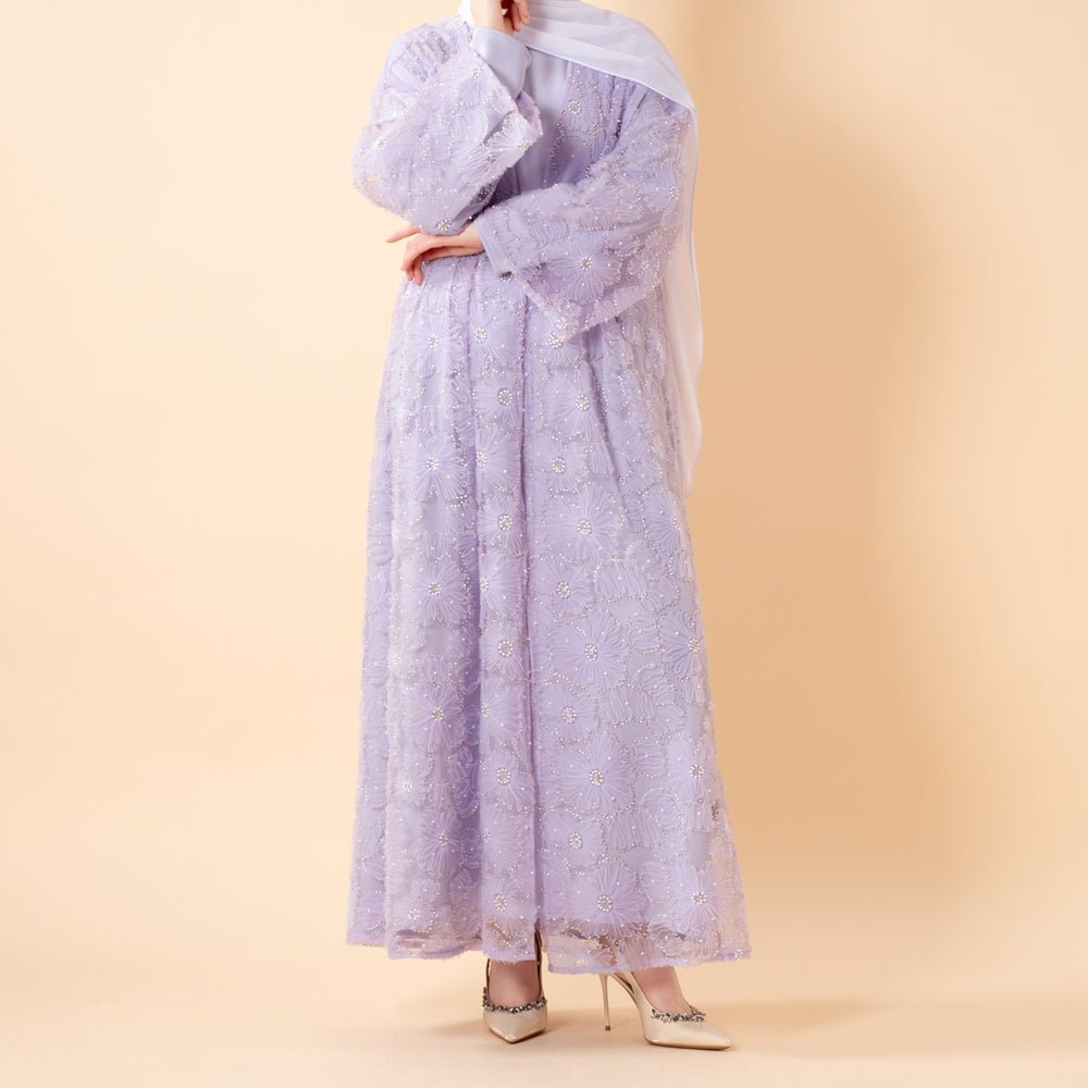 Mesh Flower Bead Open Abaya Dress Set