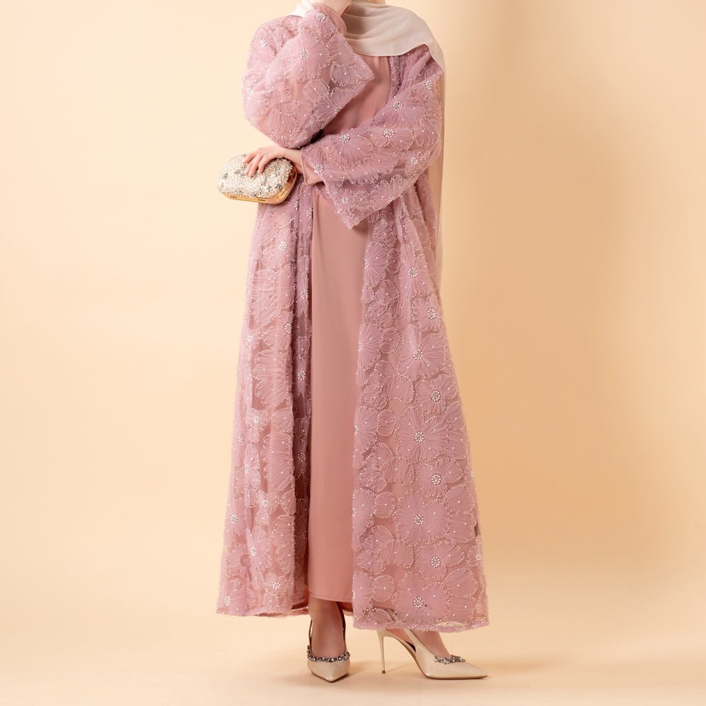 Mesh Flower Bead Open Abaya Dress Set