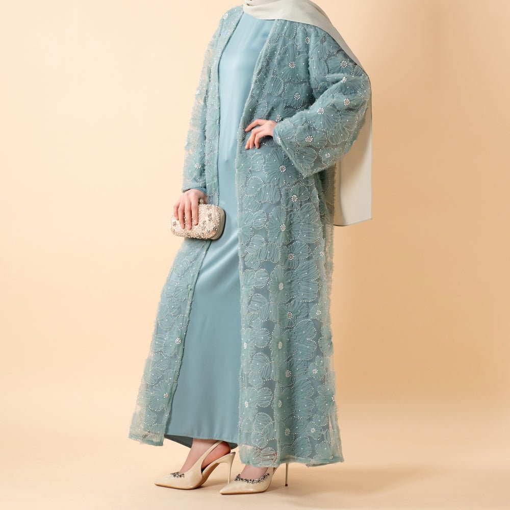 Mesh Flower Bead Open Abaya Dress Set