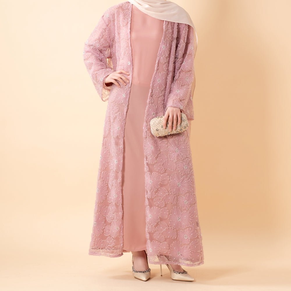 Mesh Flower Bead Open Abaya Dress Set
