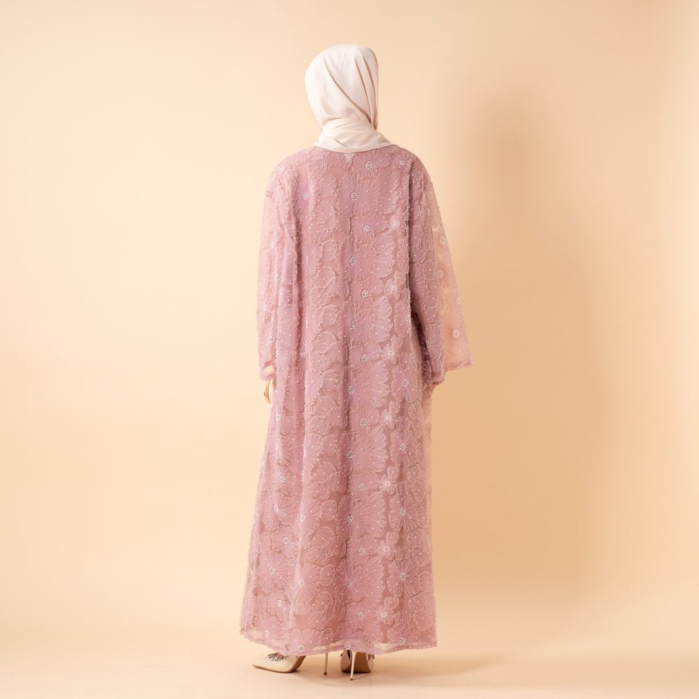 Mesh Flower Bead Open Abaya Dress Set