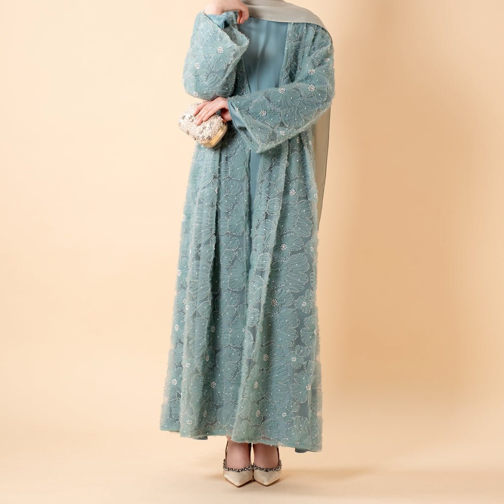 Mesh Flower Bead Open Abaya Dress Set
