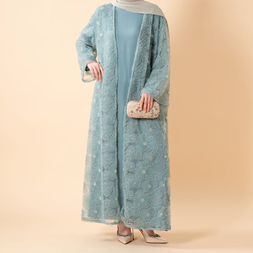 Mesh Flower Bead Open Abaya Dress Set