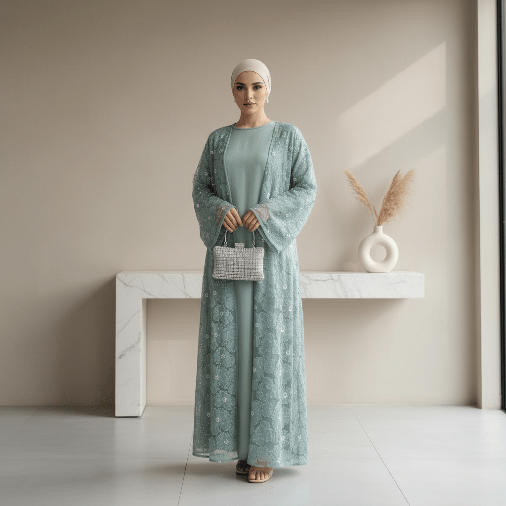 Mesh Flower Bead Open Abaya Dress Set