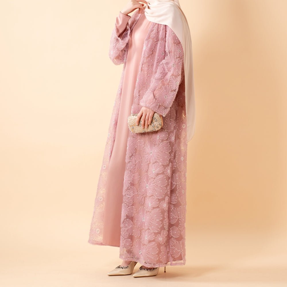 Mesh Flower Bead Open Abaya Dress Set
