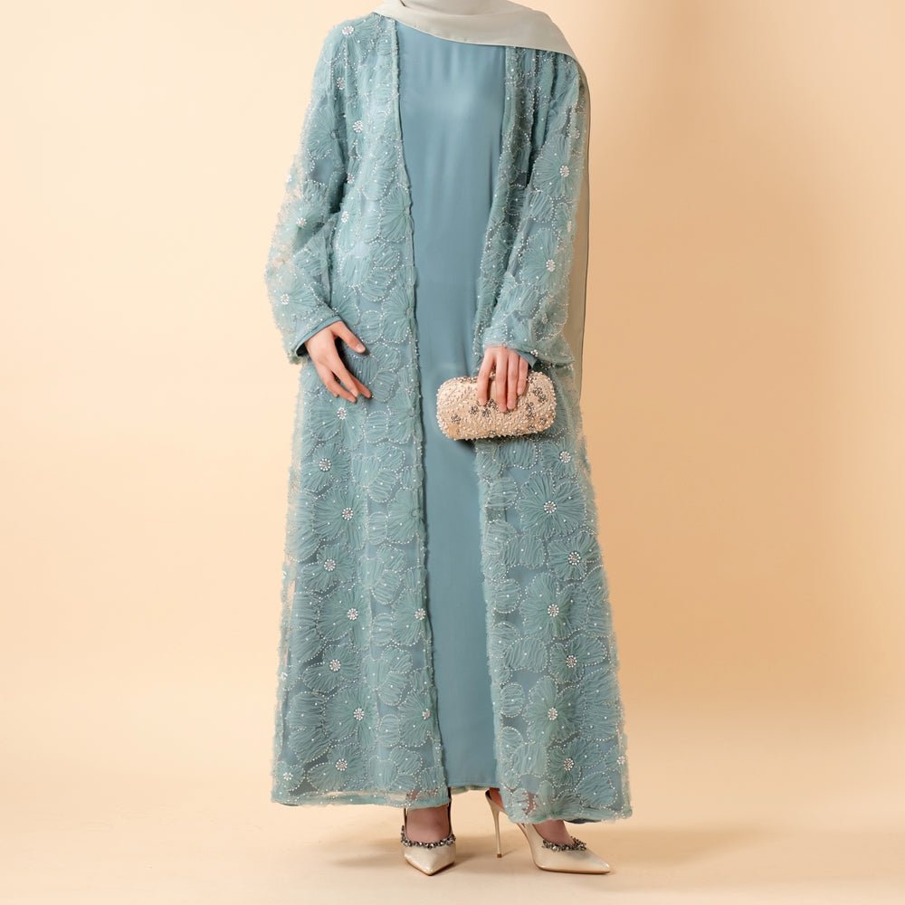 Mesh Flower Bead Open Abaya Dress Set