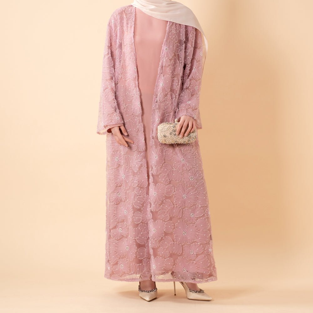 Mesh Flower Bead Open Abaya Dress Set